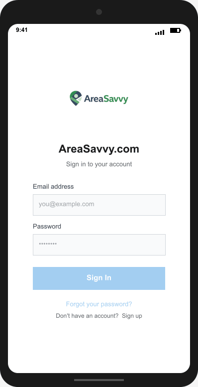 AreaSavvy.com Login Screen mockup