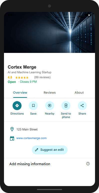 CortexMerge.com Google Business Profile mockup