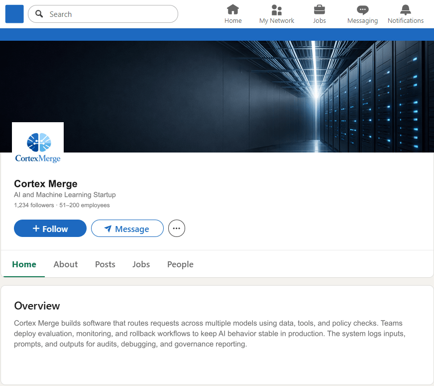 CortexMerge.com LinkedIn Company Page mockup