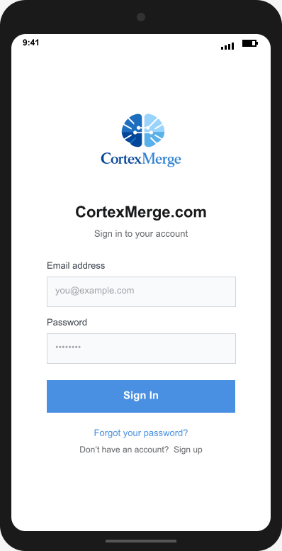 CortexMerge.com Login Screen mockup