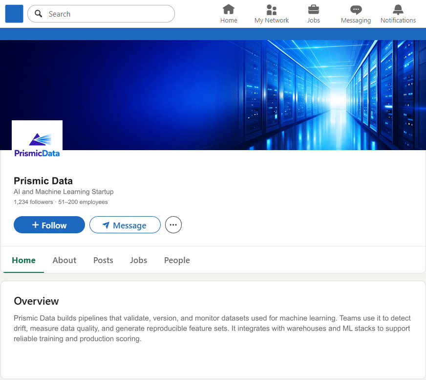 PrismicData.com LinkedIn Company Page mockup