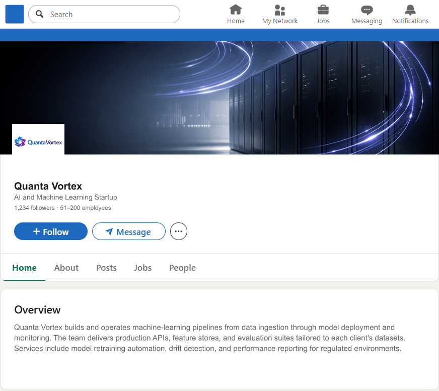 QuantaVortex.com LinkedIn Company Page mockup