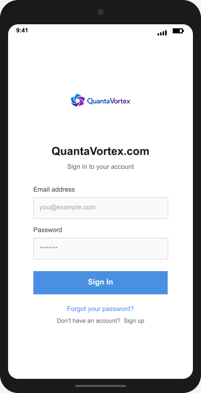 QuantaVortex.com Login Screen mockup