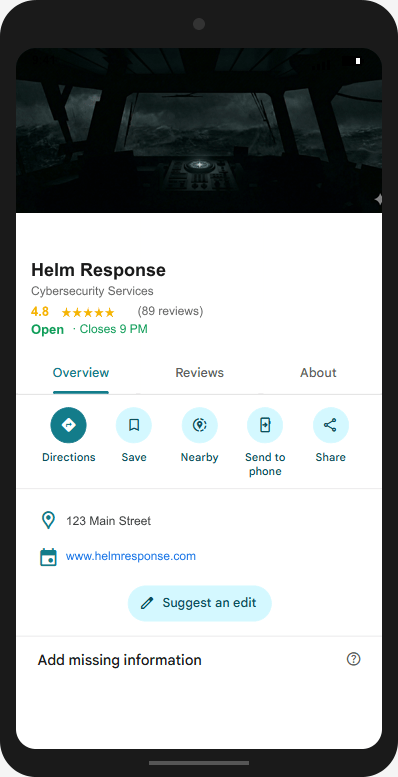 HelmResponse.com Google Business Profile mockup