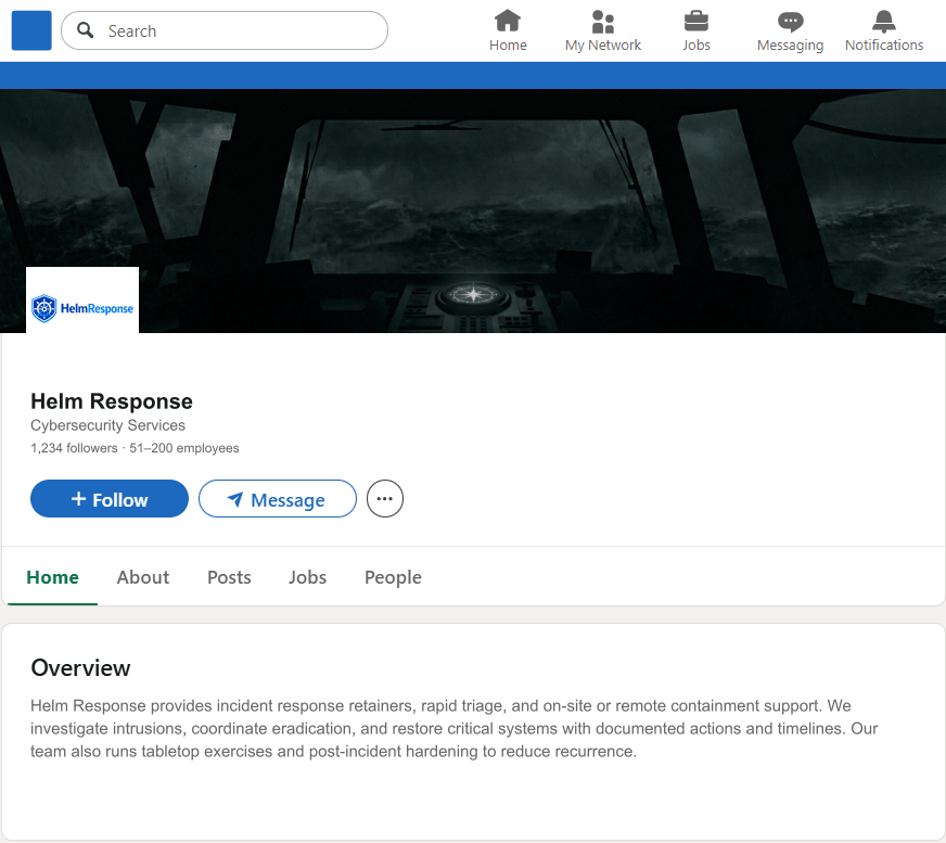 HelmResponse.com LinkedIn Company Page mockup