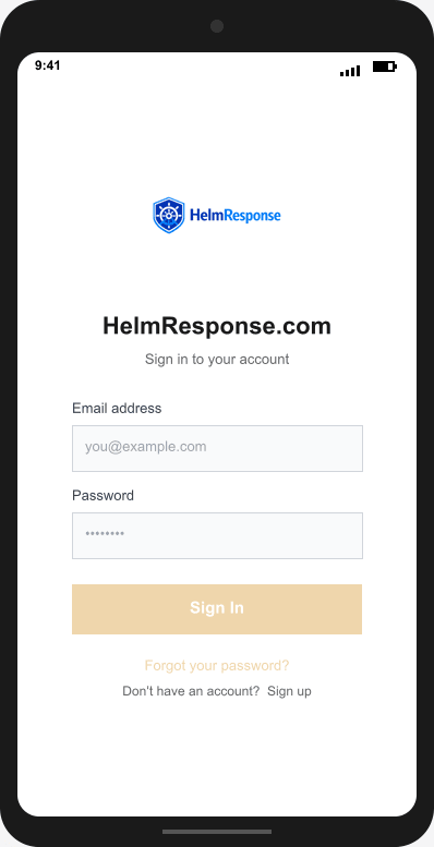 HelmResponse.com Login Screen mockup