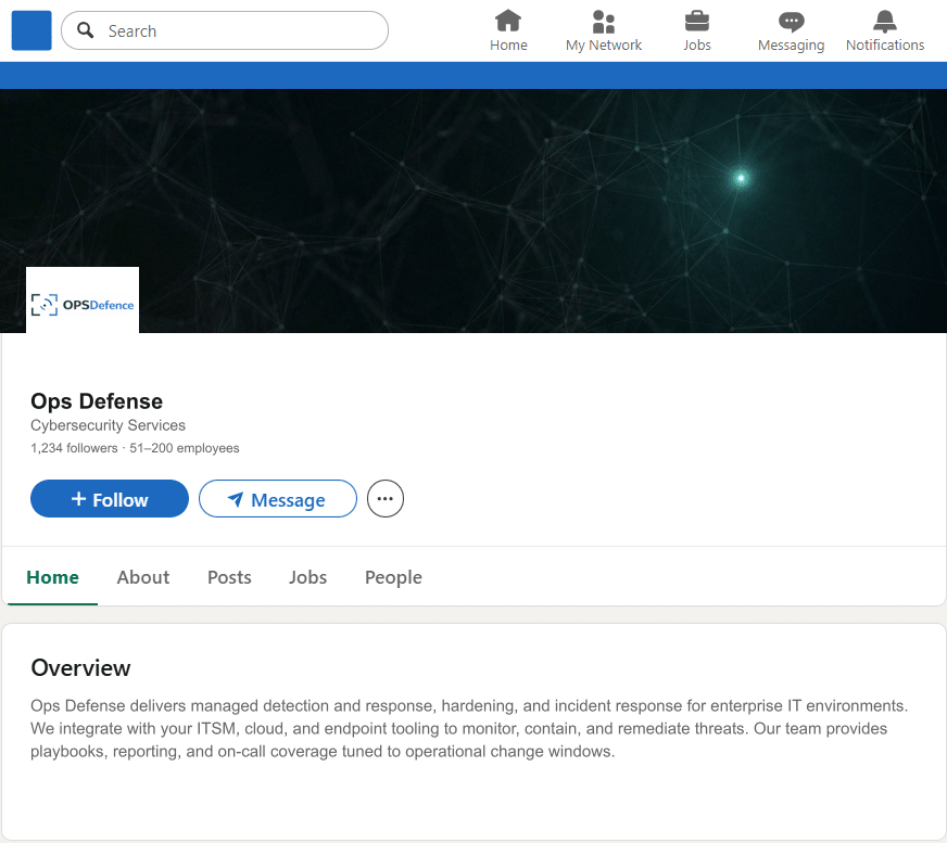 OpsDefense.com LinkedIn Company Page mockup