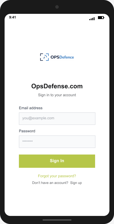 OpsDefense.com Login Screen mockup