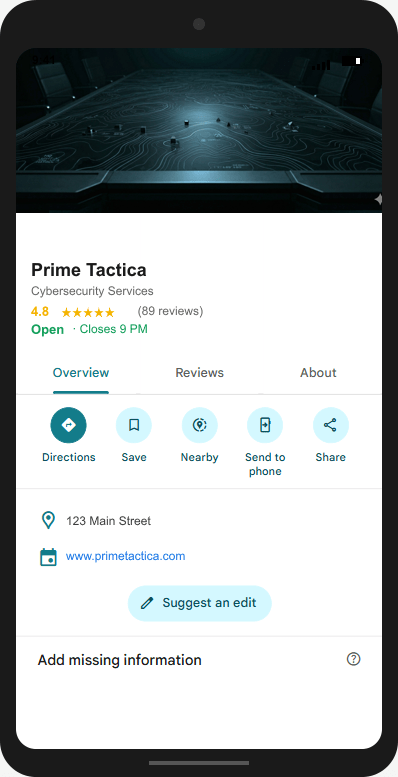 PrimeTactica.com Google Business Profile mockup
