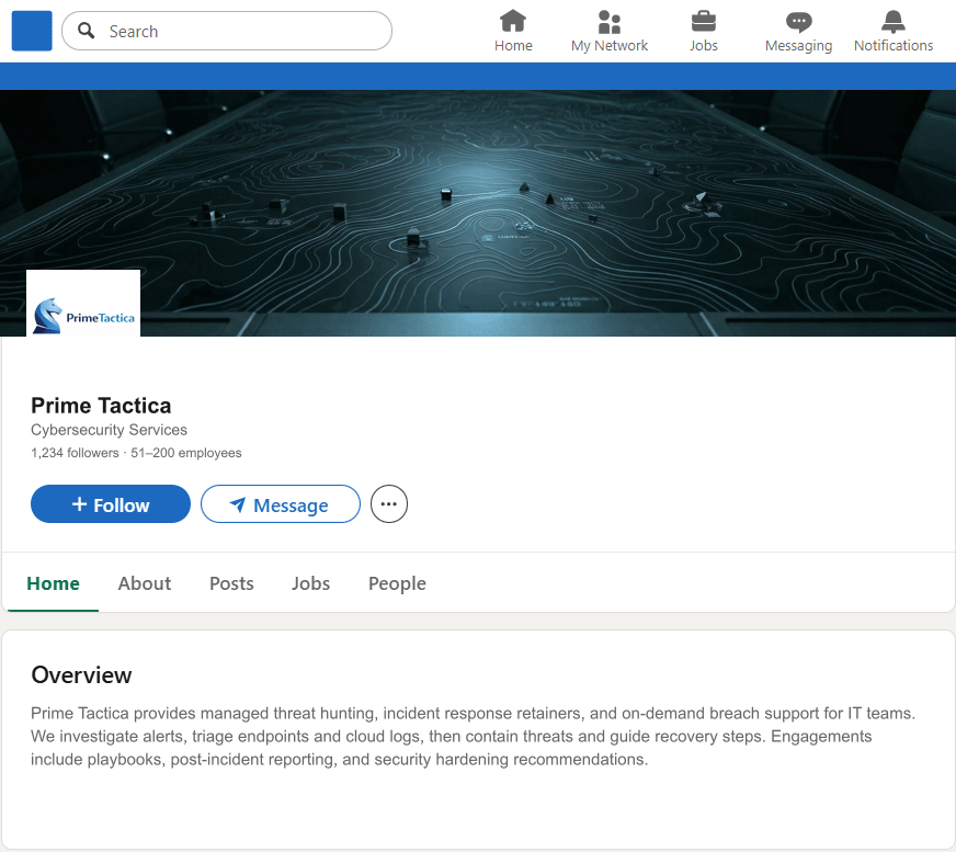 PrimeTactica.com LinkedIn Company Page mockup