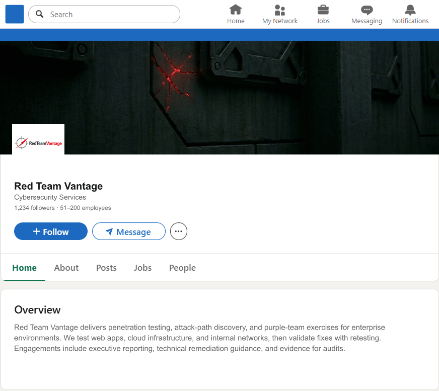 RedTeamVantage.com LinkedIn Company Page mockup