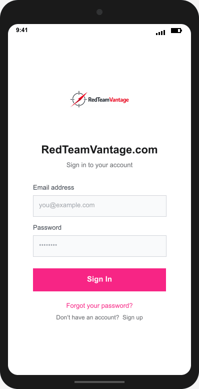 RedTeamVantage.com Login Screen mockup