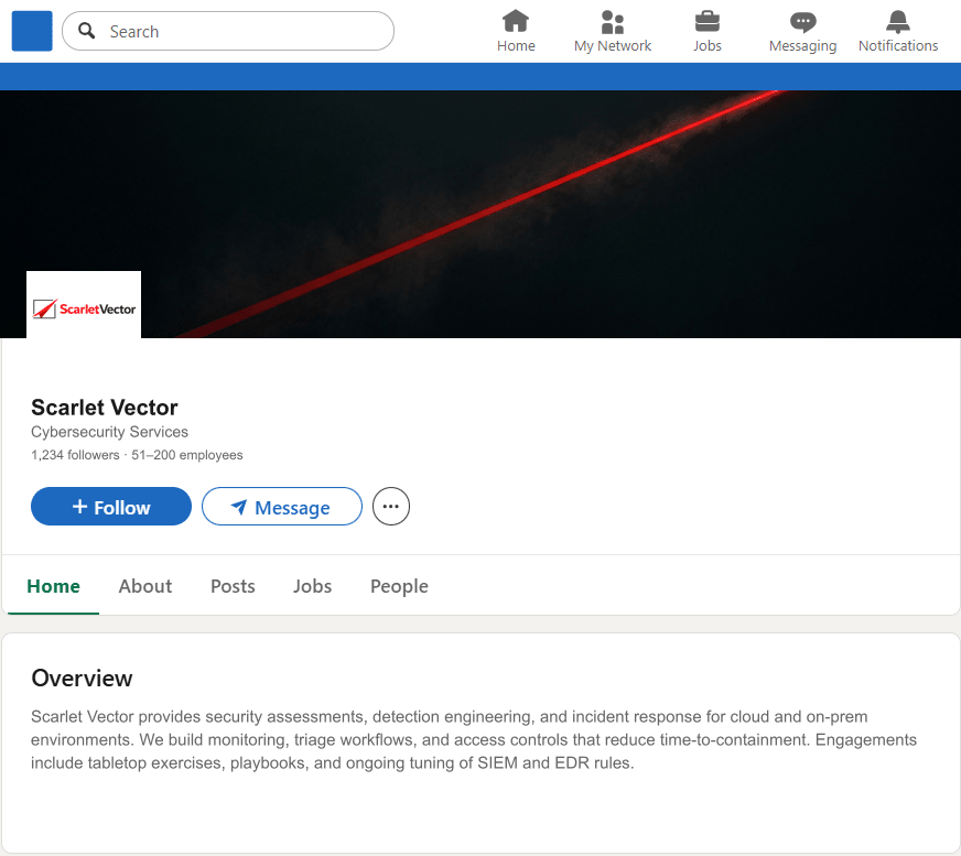 ScarletVector.com LinkedIn Company Page mockup