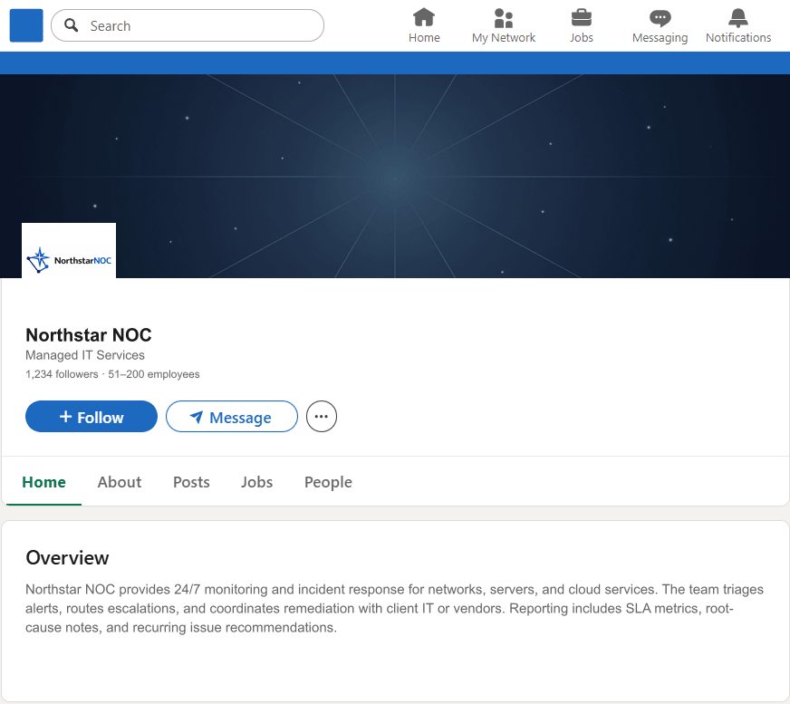 NorthstarNOC.com LinkedIn Company Page mockup