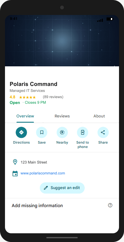 PolarisCommand.com Google Business Profile mockup