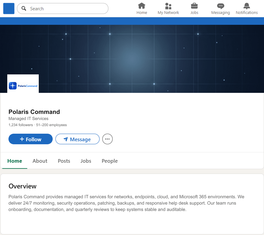 PolarisCommand.com LinkedIn Company Page mockup