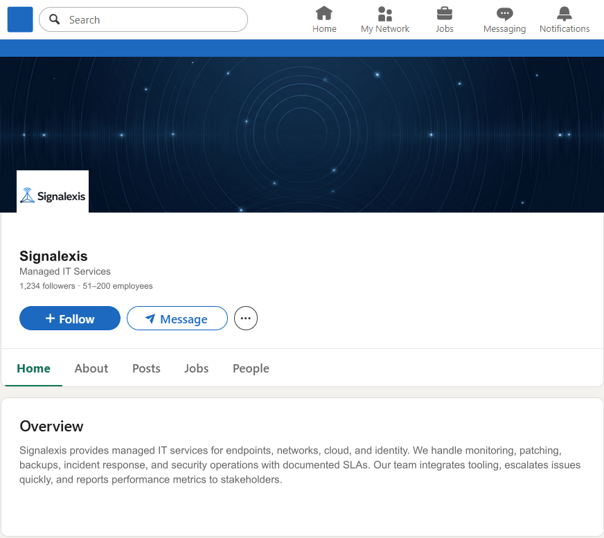 Signalexis.com LinkedIn Company Page mockup