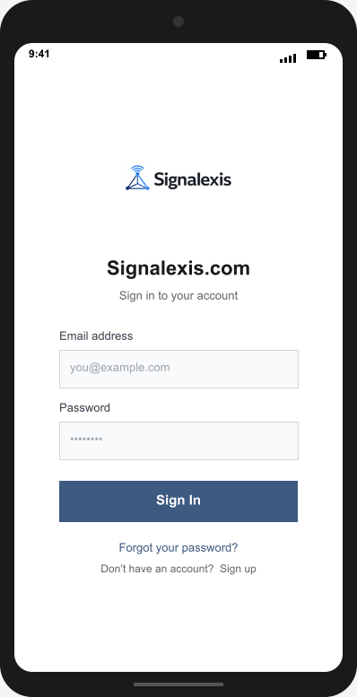 Signalexis.com Login Screen mockup