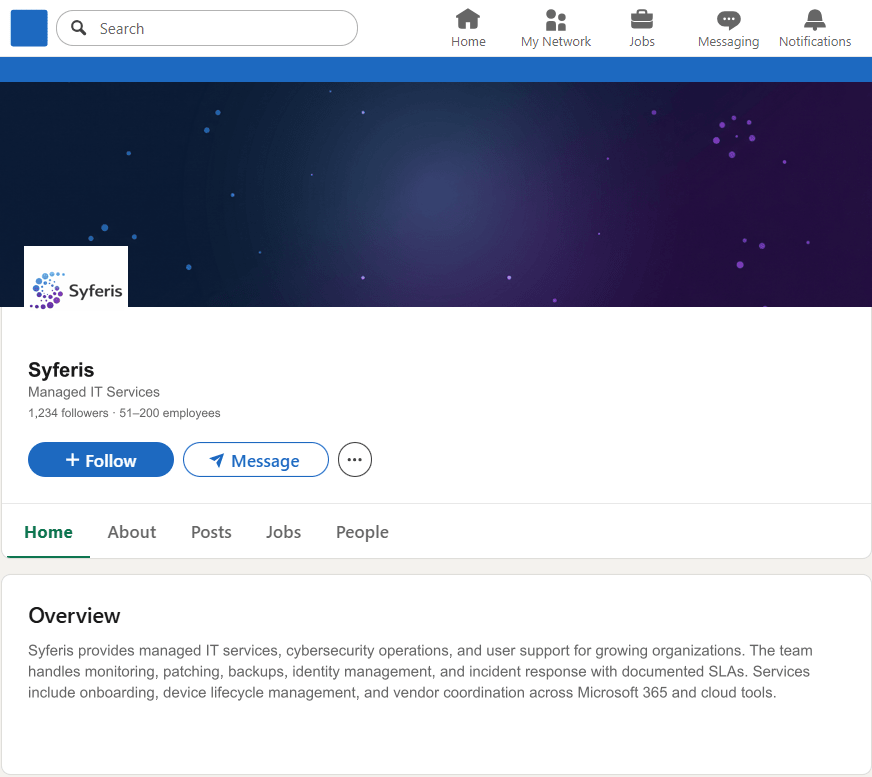 Syferis.com LinkedIn Company Page mockup