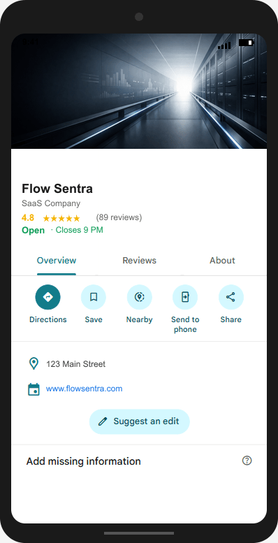 FlowSentra.com Google Business Profile mockup