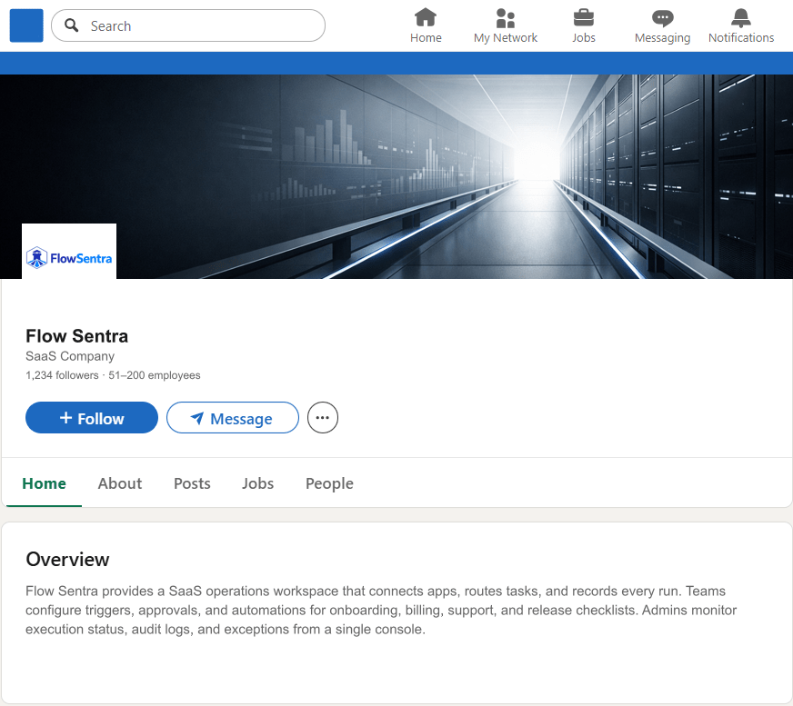 FlowSentra.com LinkedIn Company Page mockup