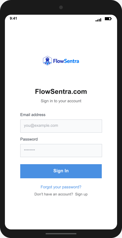 FlowSentra.com Login Screen mockup