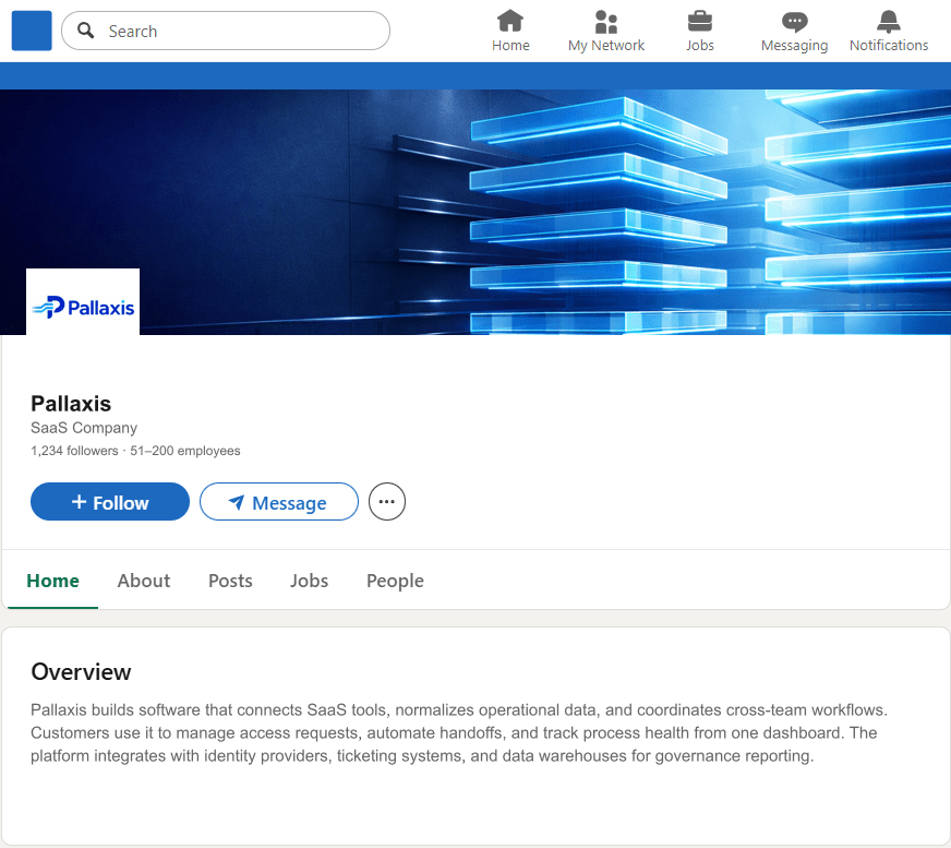 Pallaxis.com LinkedIn Company Page mockup