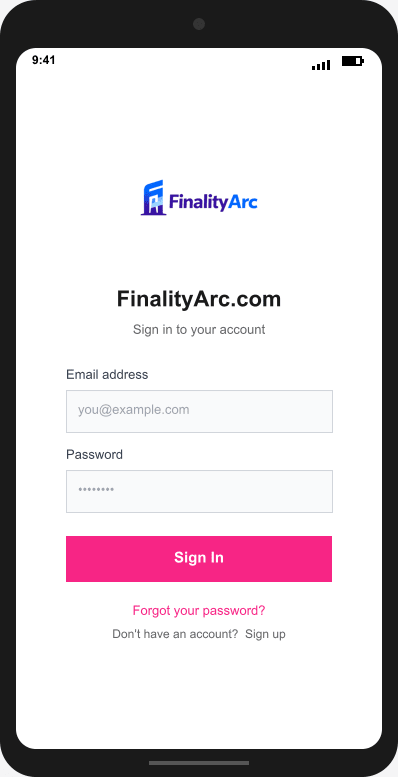 FinalityArc.com Login Screen mockup