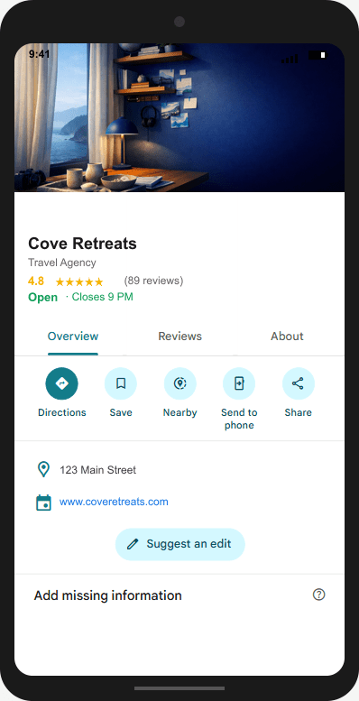 CoveRetreats.com Google Business Profile mockup