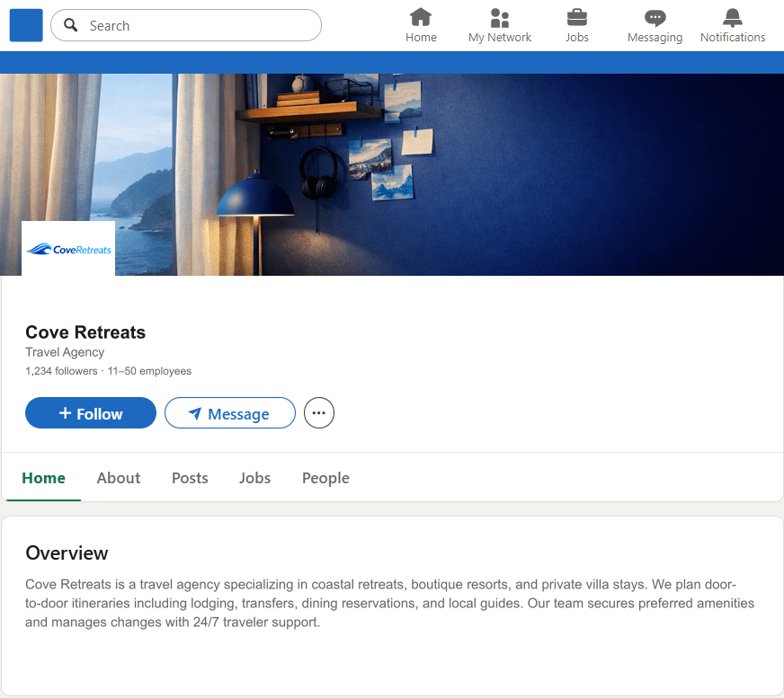 CoveRetreats.com LinkedIn Company Page mockup