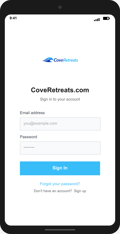 CoveRetreats.com Login Screen mockup