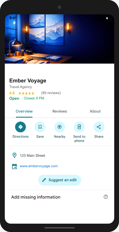 EmberVoyage.com Google Business Profile mockup
