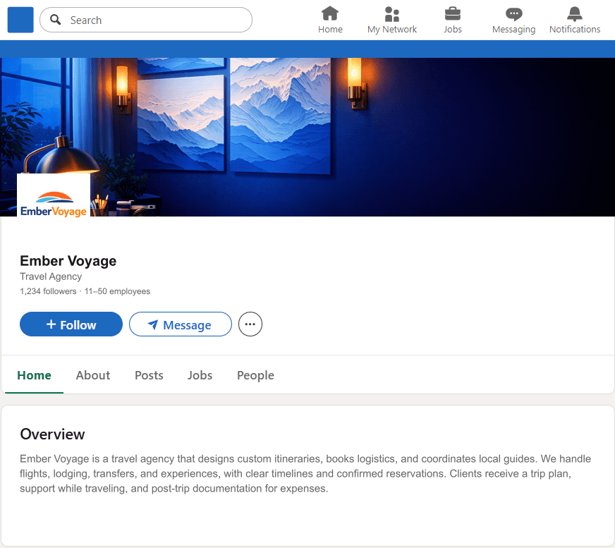 EmberVoyage.com LinkedIn Company Page mockup