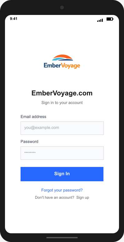 EmberVoyage.com Login Screen mockup