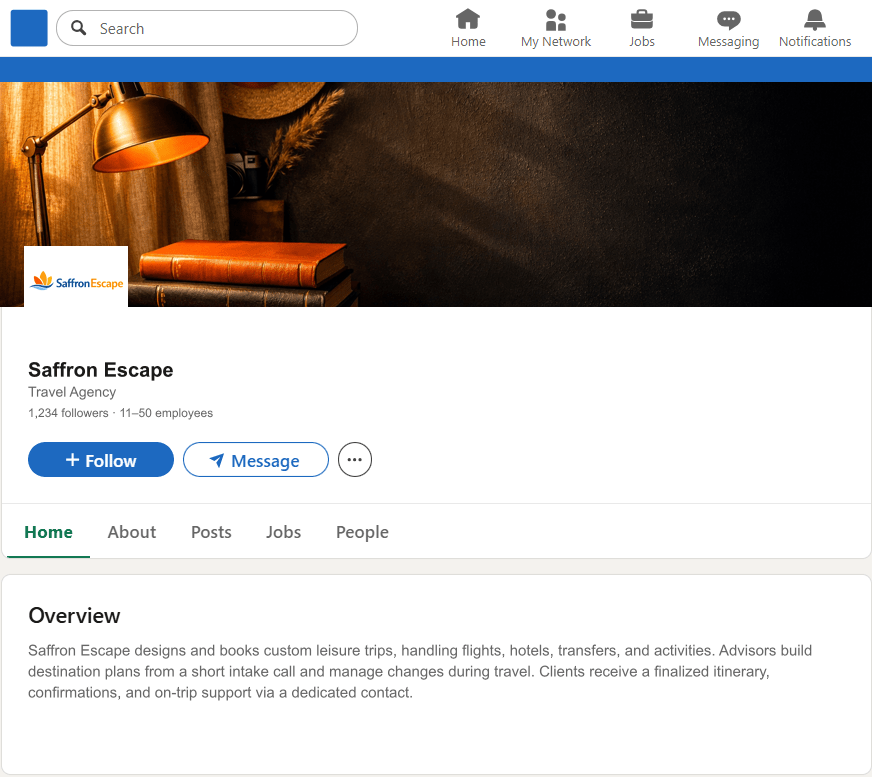SaffronEscape.com LinkedIn Company Page mockup