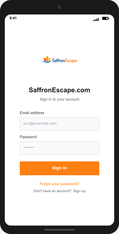 SaffronEscape.com Login Screen mockup
